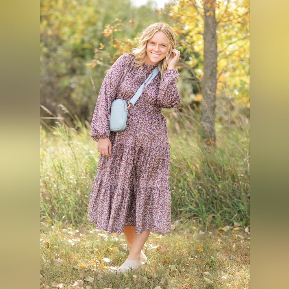 Inherit Clothing Floral Velour Split V-neck Elastic Waist Midi Dress